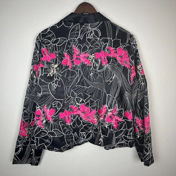 Chicos 2 Blazer Jacket Womens Large Embroidered Floral Silk Cotton Button Up L - Picture 6 of 10